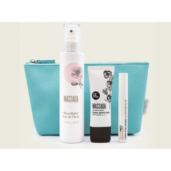 Toilettas + 3 producten van massada cc cream long eyelashes en eau de fleur