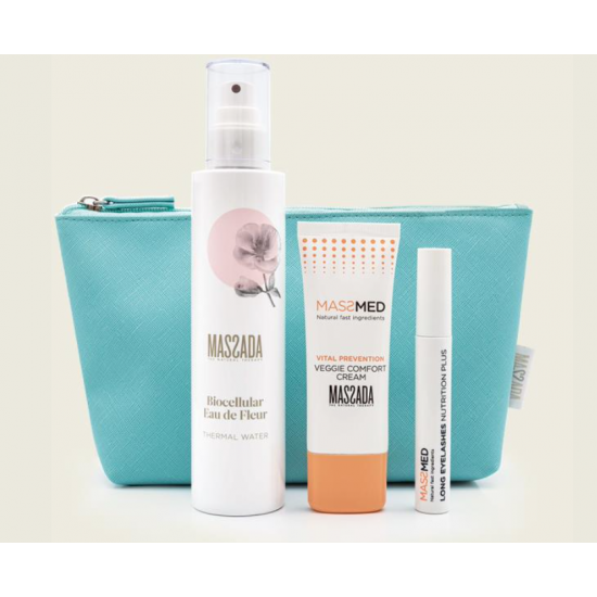 Toilet tas incl 3 producten massada, veggie vegan cream, eau de fleur en long eyelashes